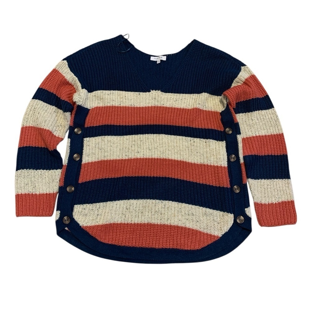 mySTYLE XL Striped V-Neck Sweater Navy Coral Cream Side Buttons Tunic Knit